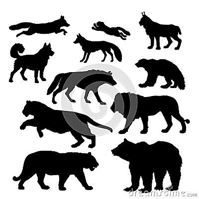 A set of silhouettes of predatory animals isolated Vector Illustration